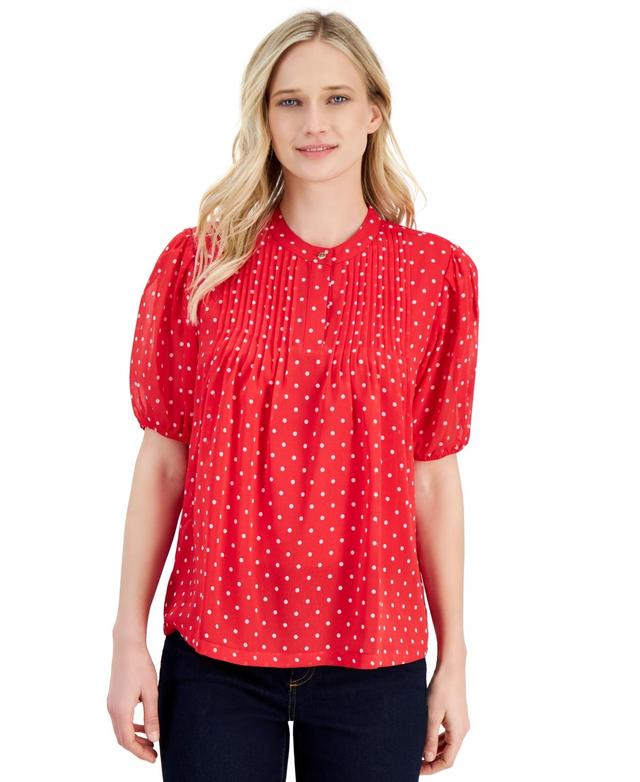 Nautica Jeans Womens Dot-Print Pintuck Short-Sleeve Blouse Product Image