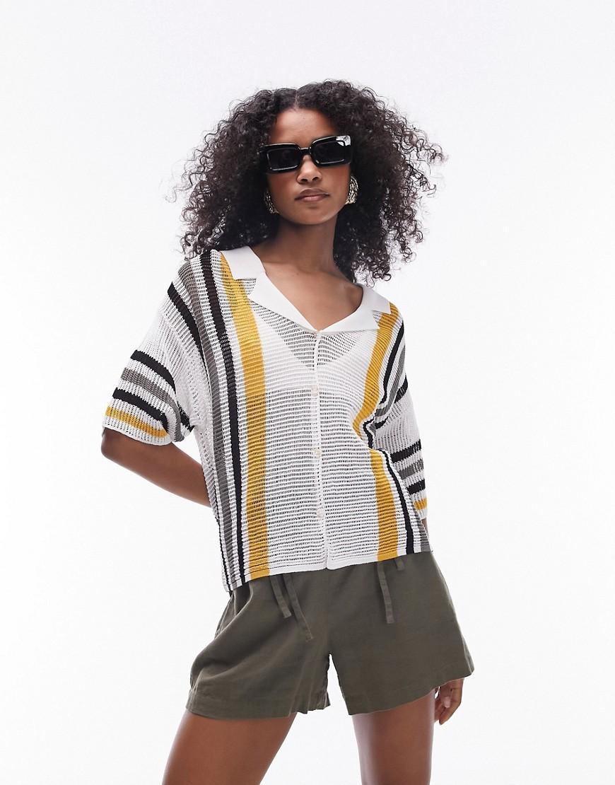 Topshop knitted open stitch stripe polo shirt Product Image