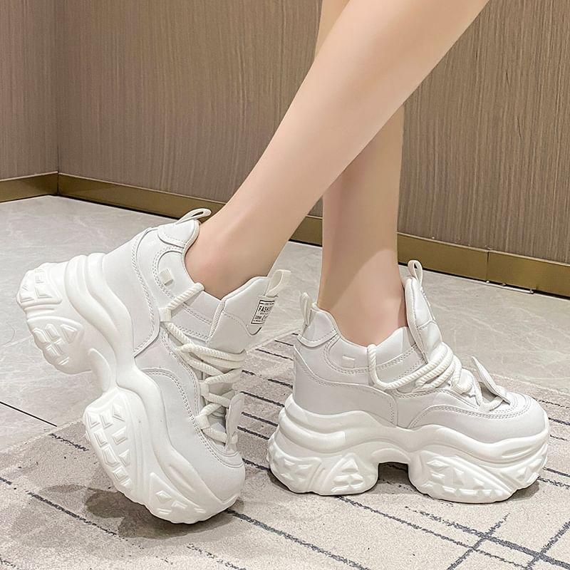 Platform Hidden Wedge Plain Lace-Up Faux Leather Sneakers product image