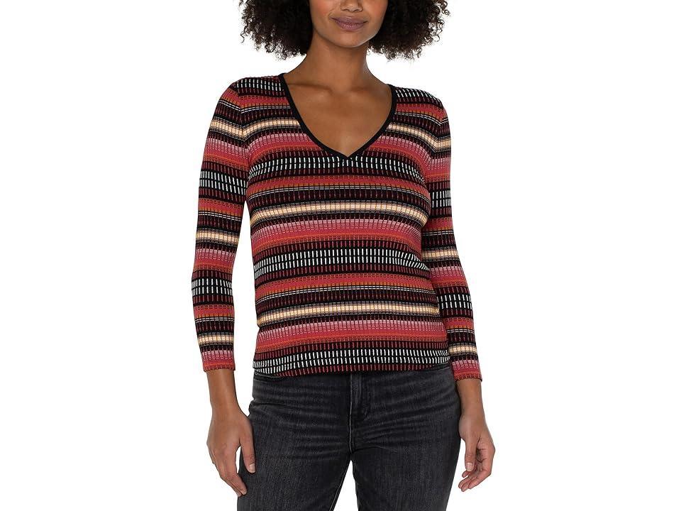 Liverpool Los Angeles 3/4 Sleeve V-Neck Knit Top with Contrast (Multicolor Abstract Stripe) Women's Clothing Product Image