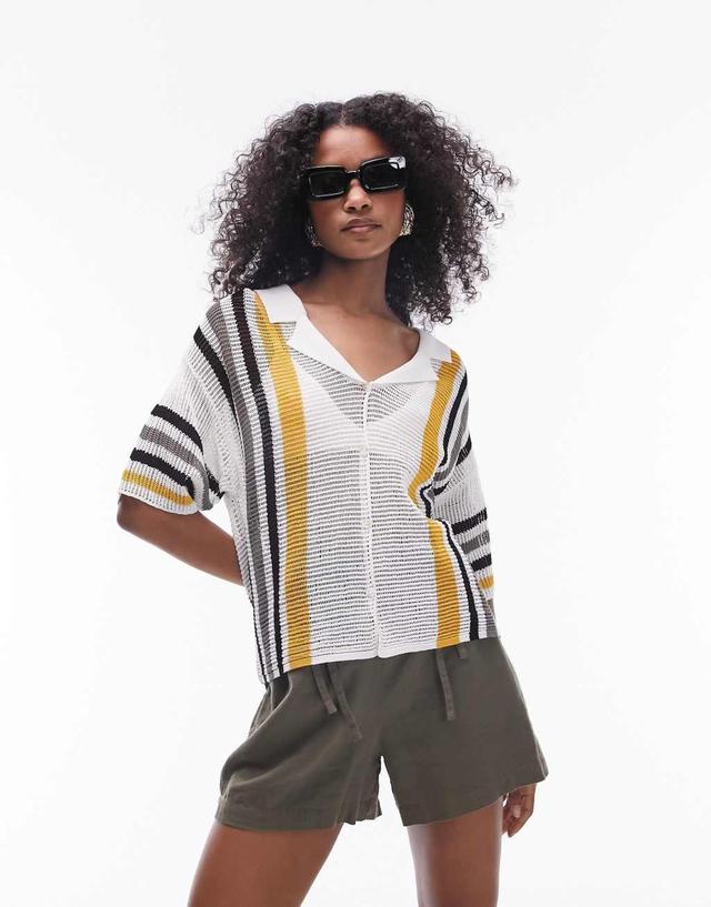 Topshop knitted open stitch stripe polo shirt in multi Product Image