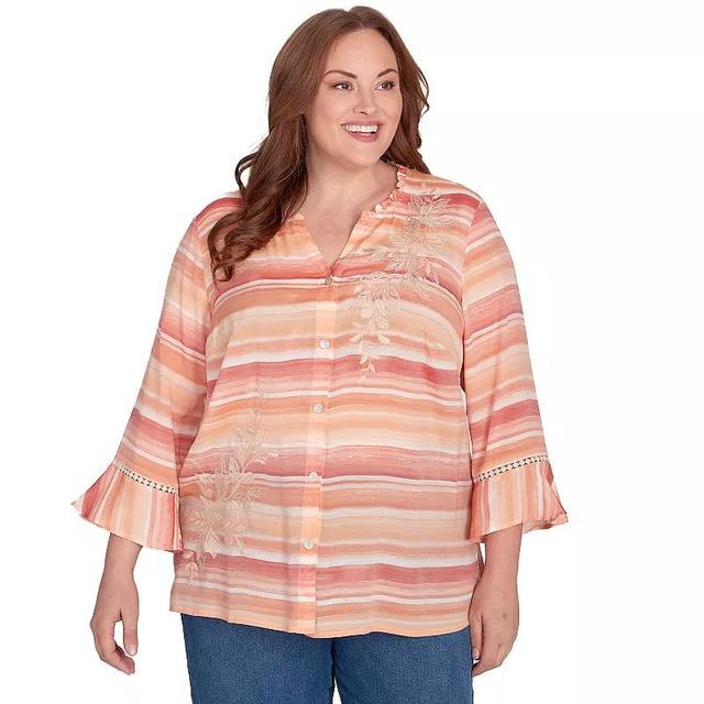 Plus Size Alfred Dunner Warm Stripe Floral Embroidered Top, Womens Pink Product Image