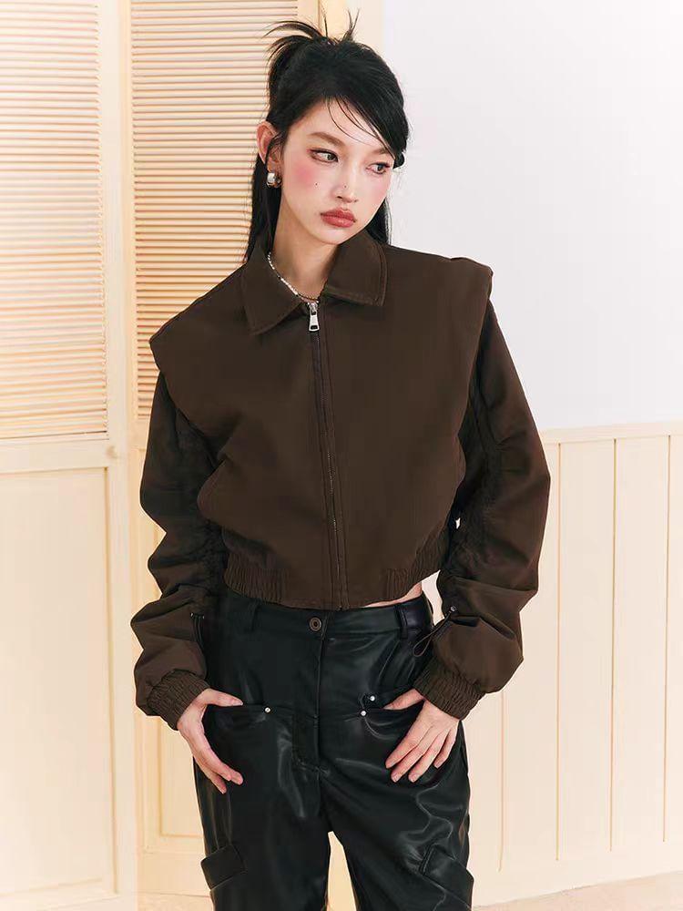 Collar Plain Drawstring Crop Zip Jacket Product Image