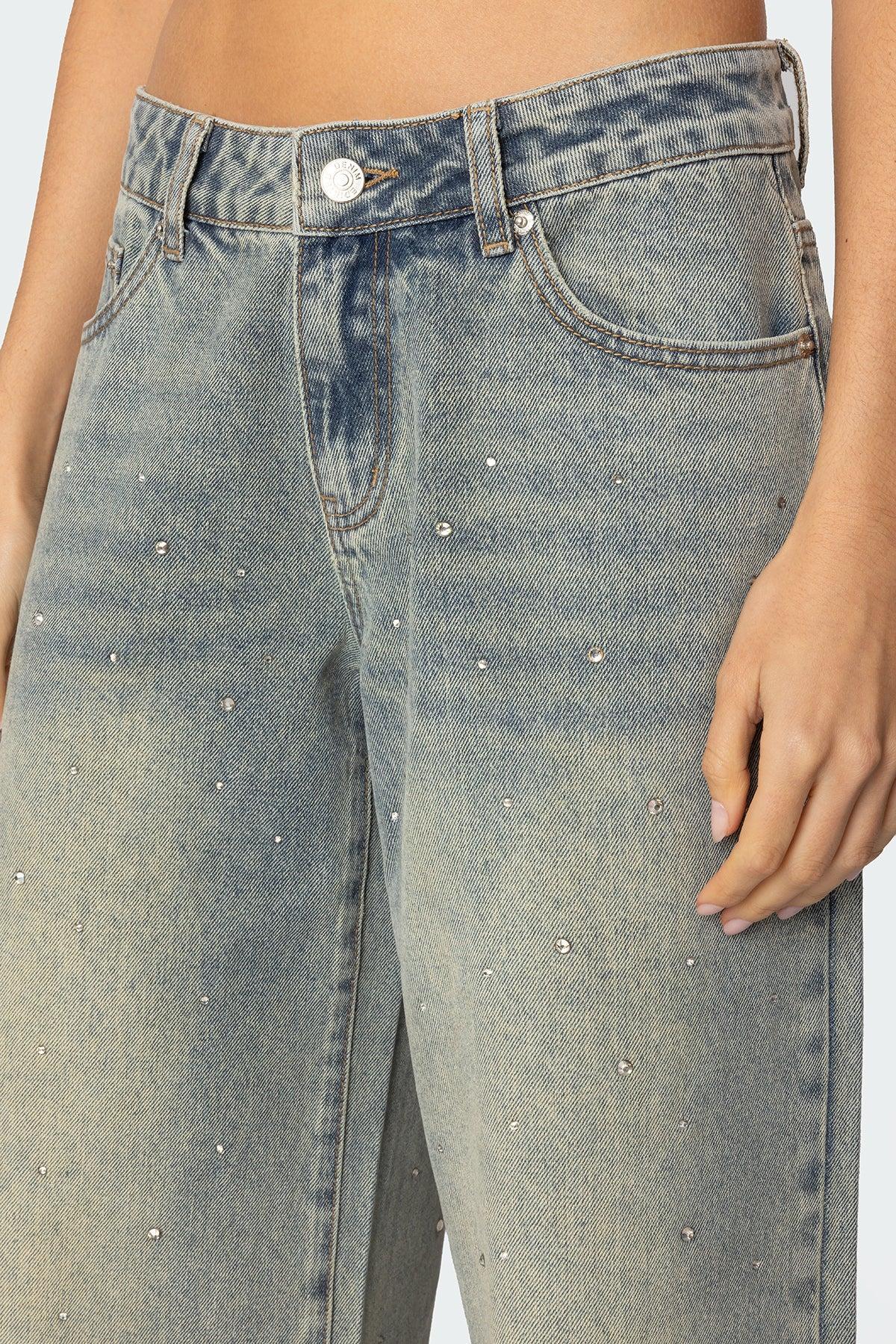 Rhinestone Low Rise Washed Jeans Product Image