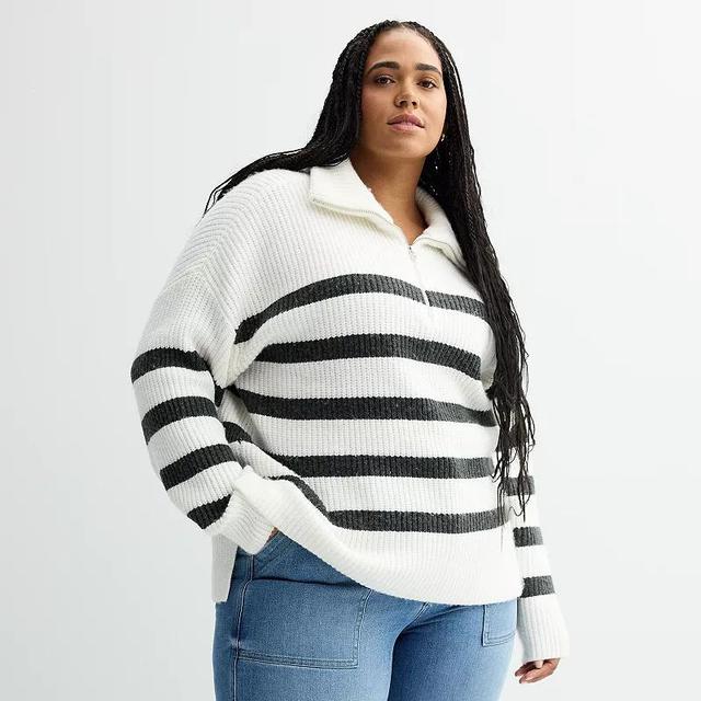 Plus Size Sonoma Goods For Life Quarter-Zip Tunic Sweater, Womens Green Ivory Stripe Product Image