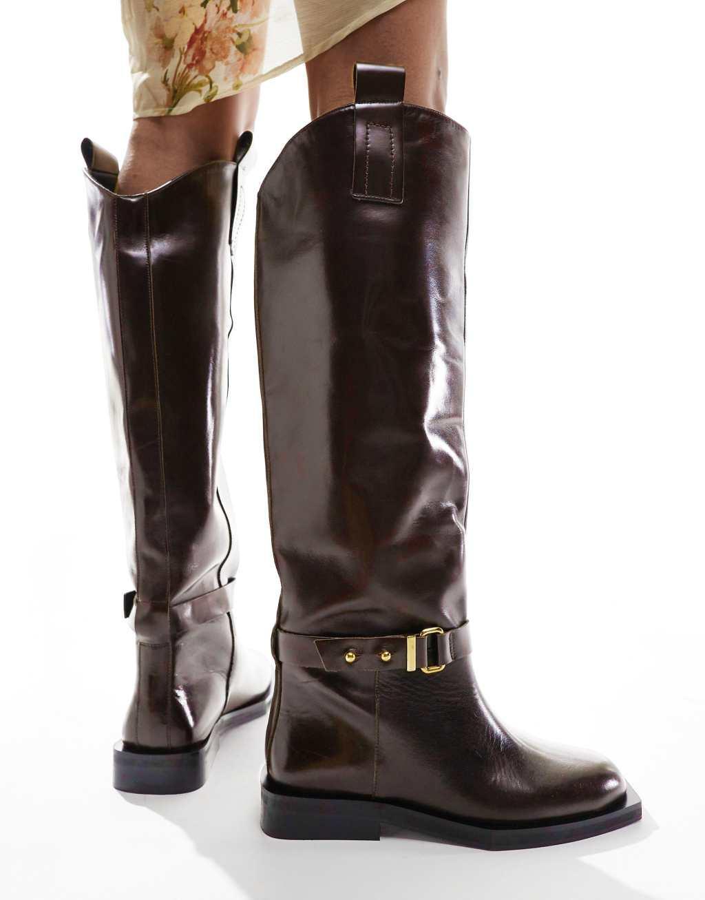 ASOS EDITION premium leather over the knee riding boots in brown Product Image