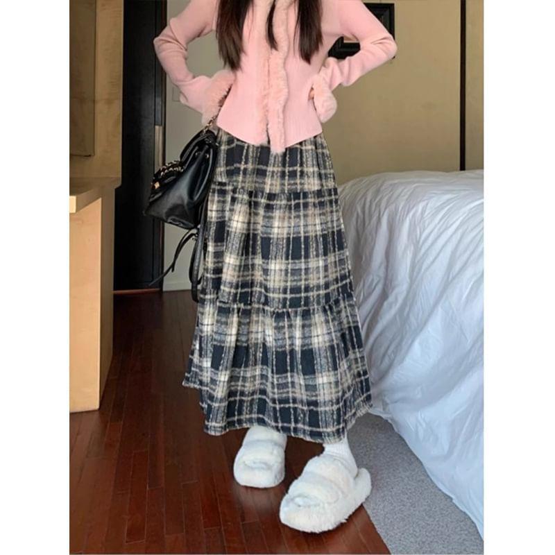 High Rise Plaid Midi A-Line Skirt Product Image