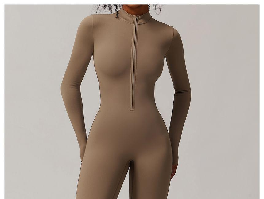 Long-Sleeve Half Zip Plain Jumpsuit Product Image