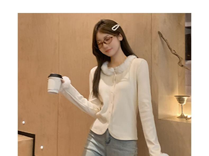 Plain Fluffy Trim Ribbed Cardigan Product Image