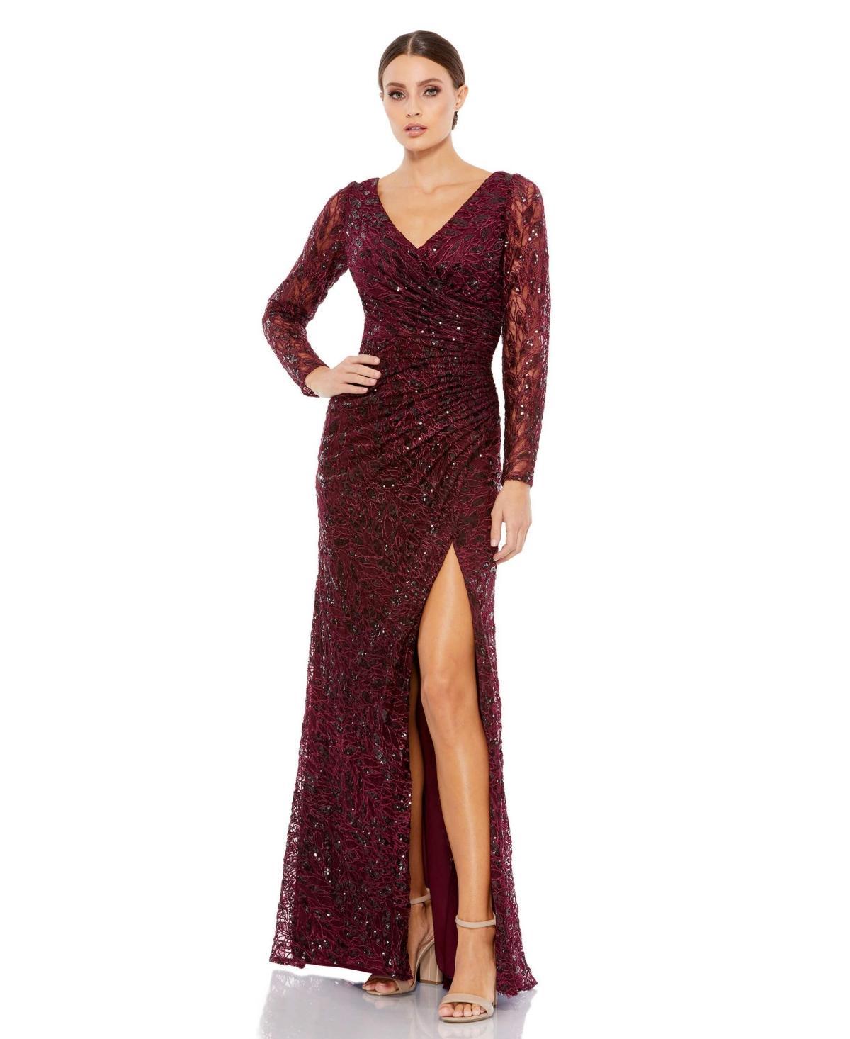 Mac Duggal Long Sleeve Sequin Lace Sheath Gown Product Image