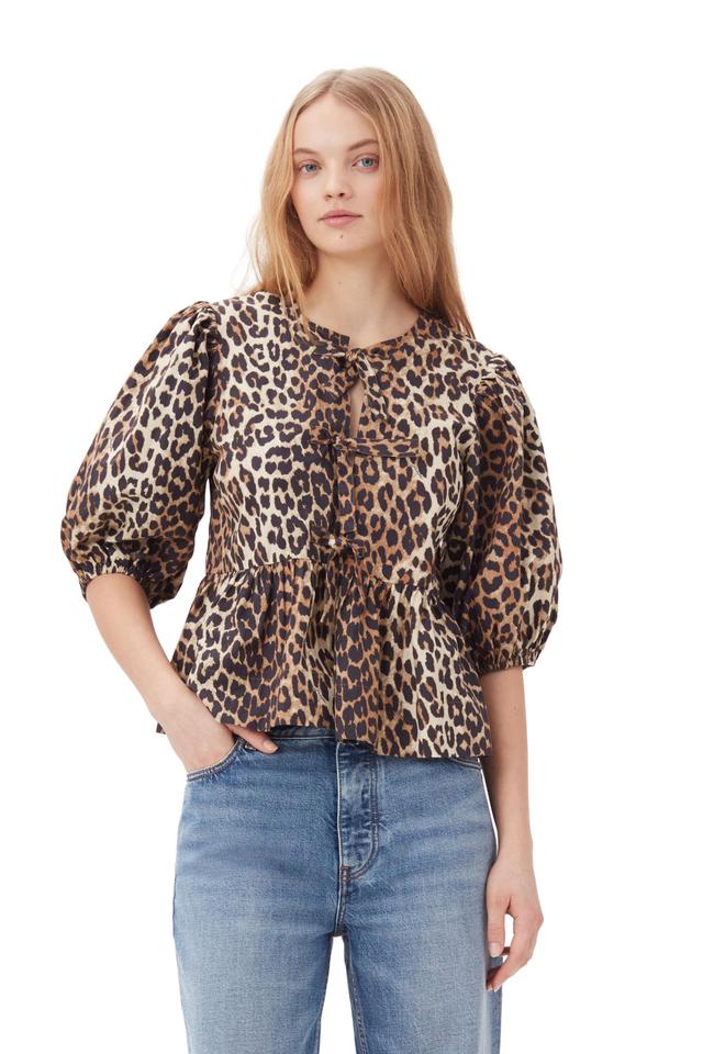 Leopard Cotton Poplin Peplum Tie Blouse Product Image