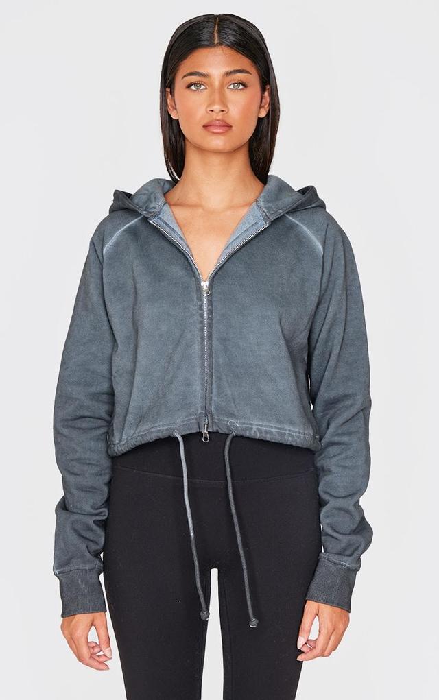 Washed Charcoal Premium Zip Up Cropped Hoodie Product Image