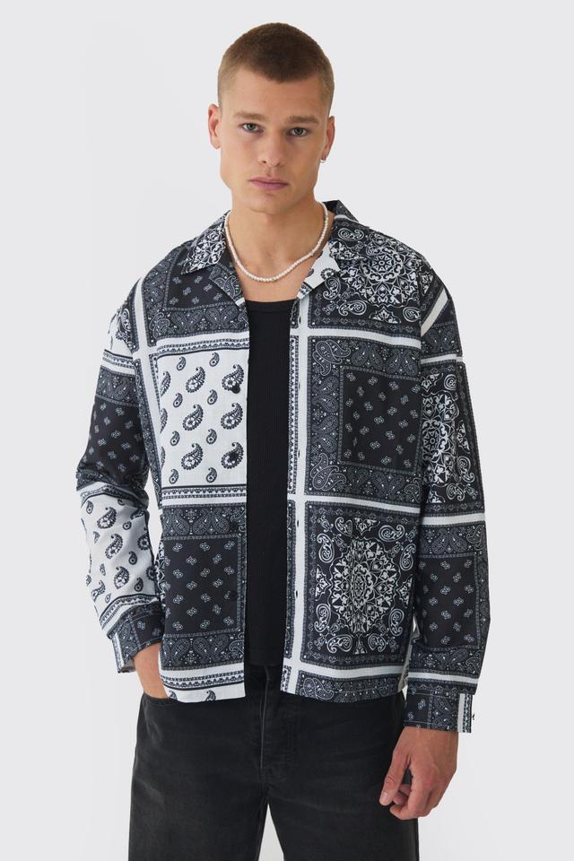 Oversized Bandana Printed Poplin Long Sleeve Shirt | boohooMAN USA Product Image