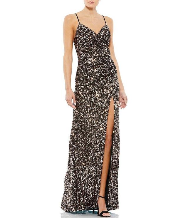 Mac Duggal Sequin V-Neck Sleeveless Faux Wrap Side Slit Gown Product Image