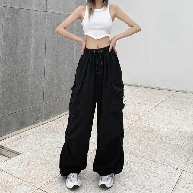 High Waist Pocket Loose-Fit Wide-Leg Cargo Pants Product Image