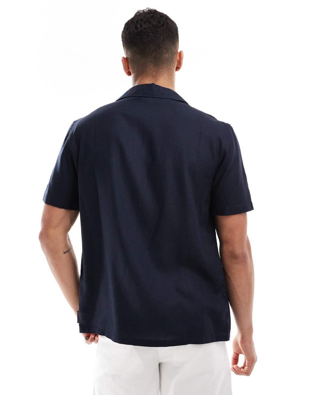 French Connection short sleeve linen revere shirt in navy Product Image