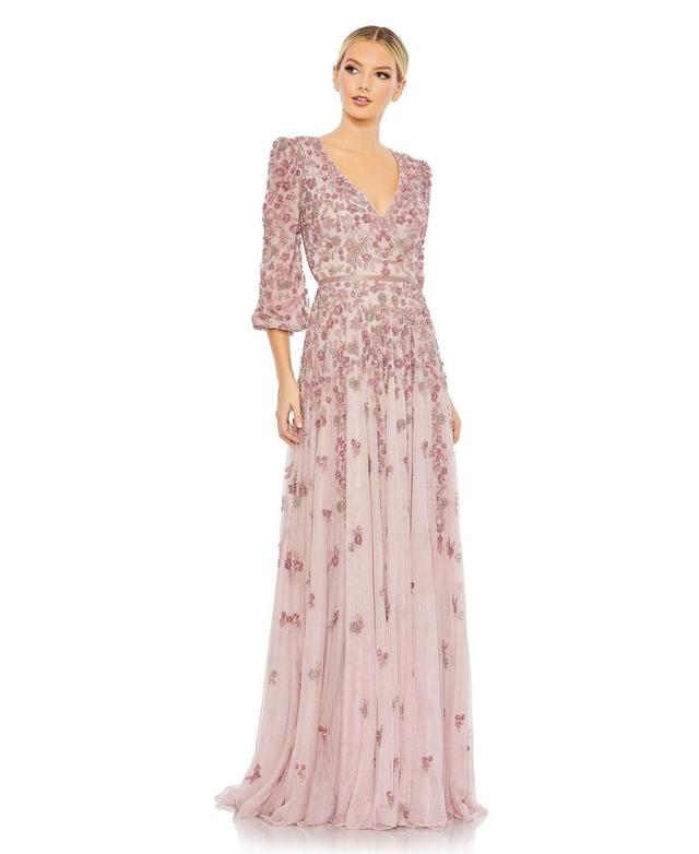 Mac Duggal Womens Embellished V Neck 3/4 Sleeve A Line Gown Product Image