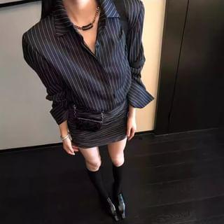 Long-Sleeve Henley Striped Ruched Mini Shirt Dress Product Image