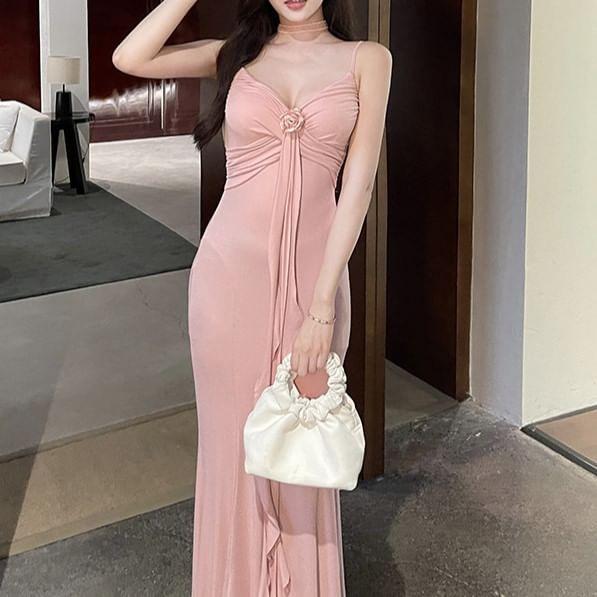 Spaghetti Strap Plain Drawstring Midi Mermaid Dress Product Image