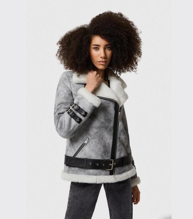 Womens Shearling Belted Biker Jacket, Natural Dying Grey with White Wool Product Image