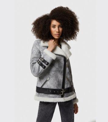 Women's Shearling Belted Biker Jacket, Natural Dying Grey with White Wool Product Image