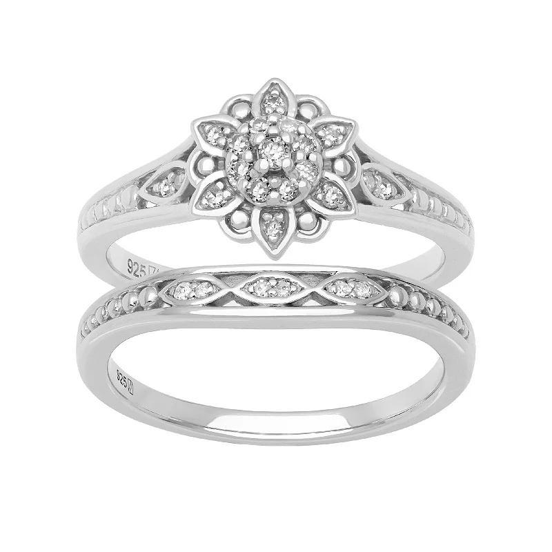 Love Always Sterling Silver 1/6 Carat T.W. Diamond Flower Engagement Ring Set, Womens White Product Image