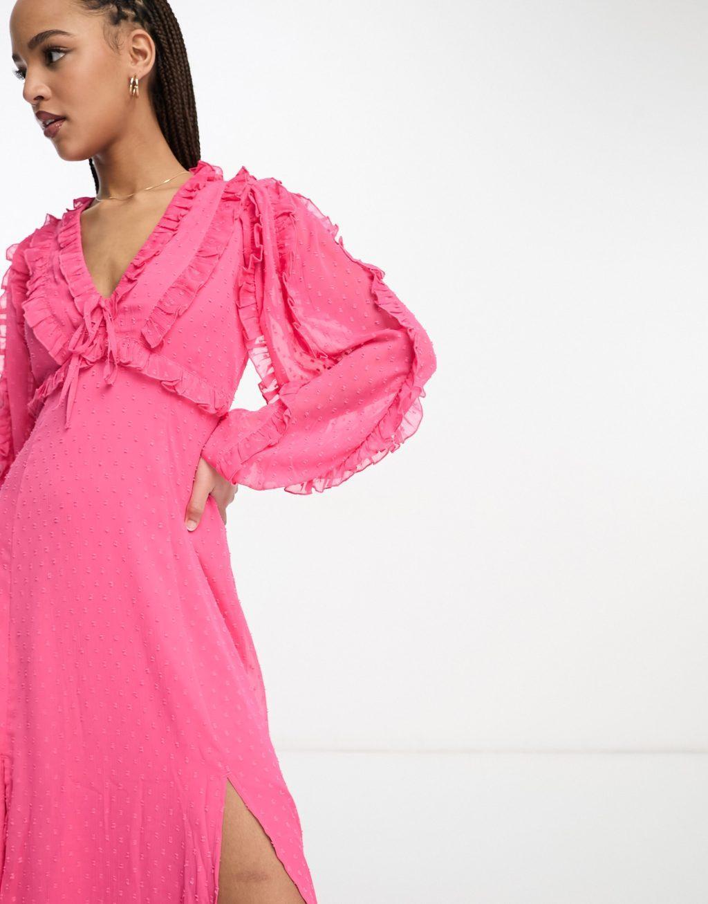 Miss Selfridge textured chiffon ruffle detail maxi dress in hot pink Product Image