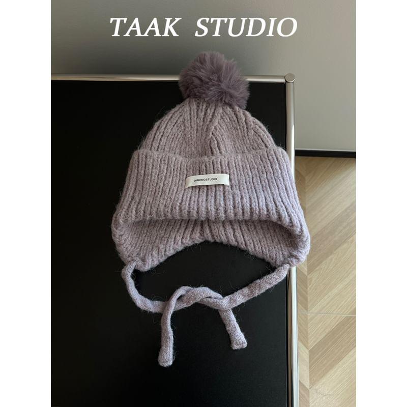 Applique Pom Pom Ribbed Knit Trapper Hat Product Image