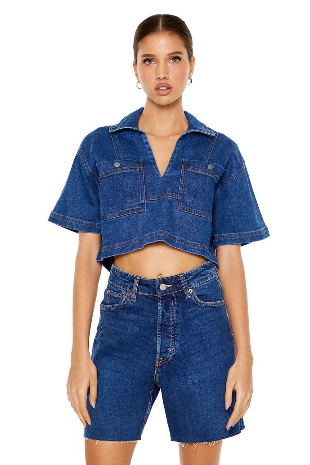 Oversized Split-Neck Denim Top | Forever 21 product image