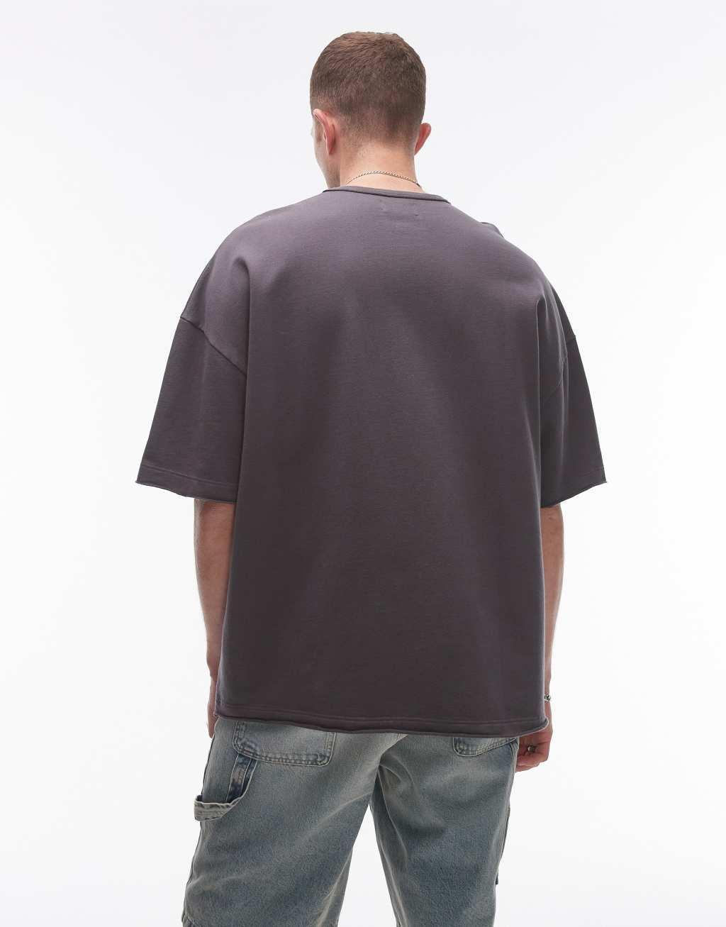 Topman extreme oversized fit washed T-shirt with raw sleeve and hem in washed black Product Image