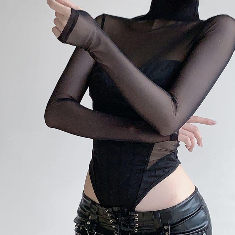 Long Sleeve Mock Neck Plain Mesh Panel Bodysuit Top  Product Image