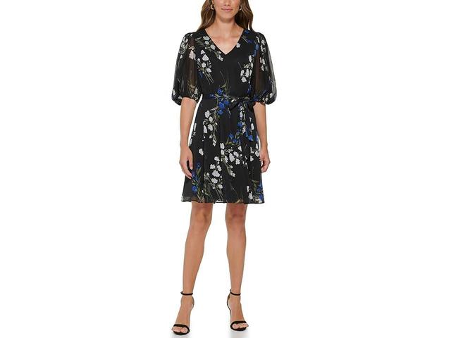 DKNY V-Neck Fit-and-Flare Dress with Balloon Sleeve (Deep Cobalt Multi) Women's Dress Product Image