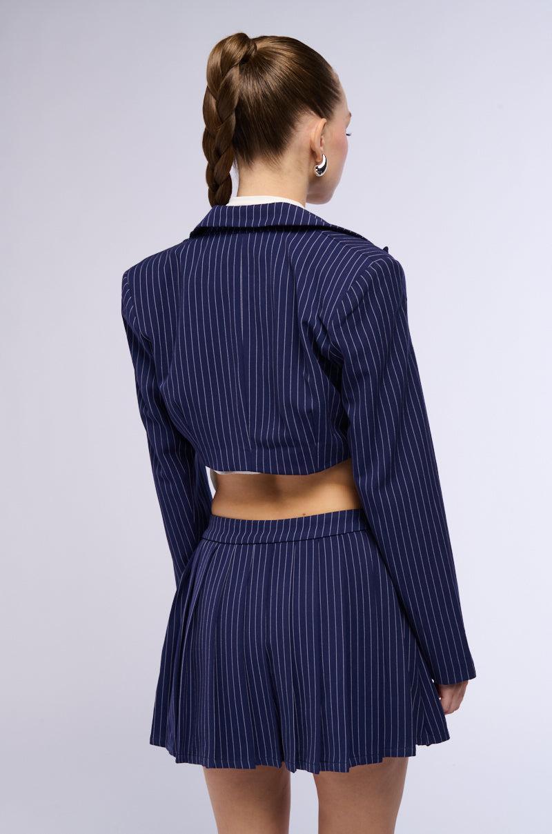 WHATS THE TEA PINSTRIPE CROP BLAZER IN NAVY Product Image