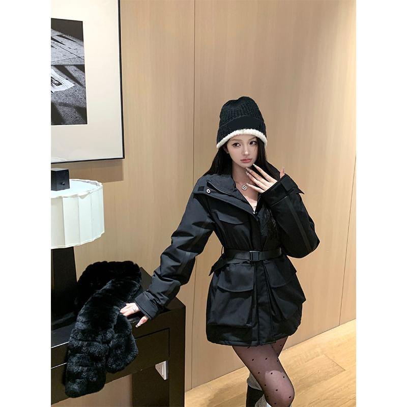 Plain Hooded Tie Waist Zip Parka Product Image