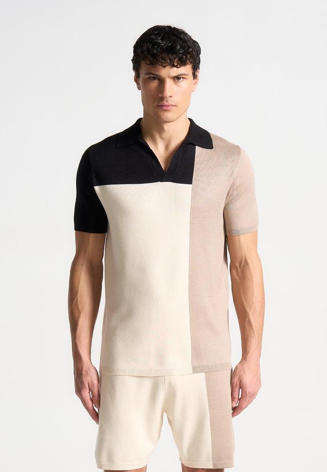 Colour Block Knit Revere Polo Top - Black/Beige Male Product Image