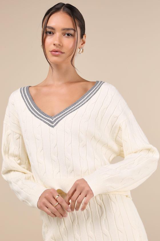 Studious Charm Ivory and Heather Grey Cable Knit Varsity Sweater product image