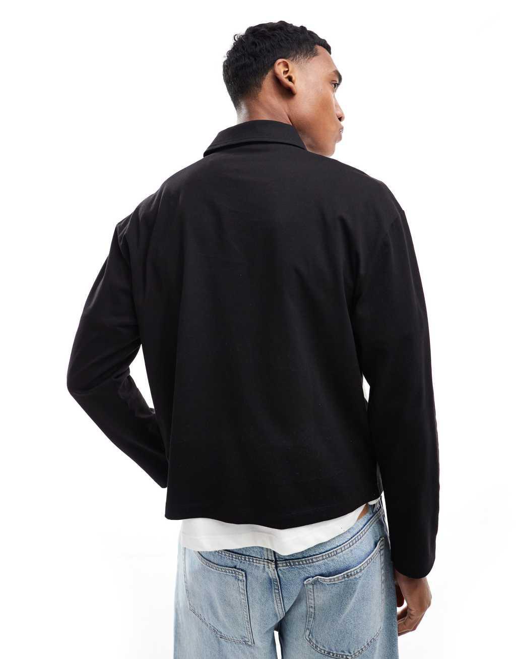 ASOS DESIGN relaxed boxy heavyweight color block long sleeve polo in black Product Image