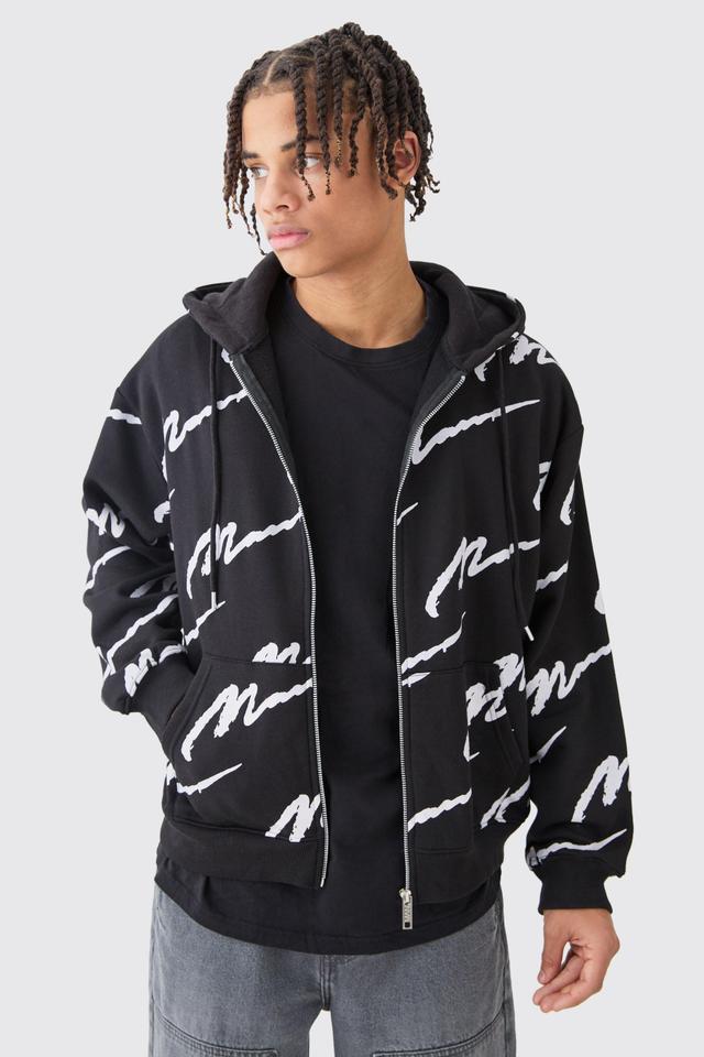 Mens Black Man Signature All Over Print Boxy Zip Through Hoodie, Black Product Image