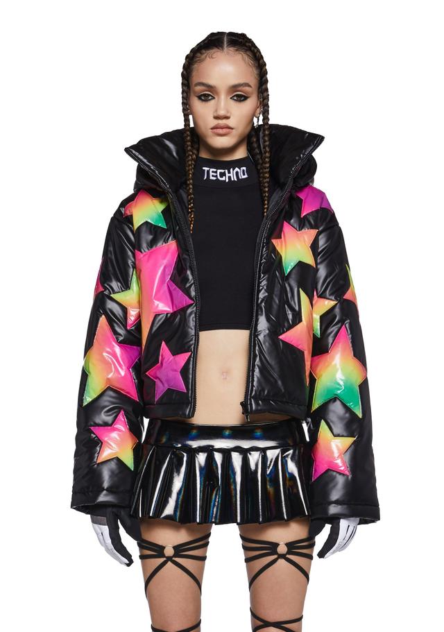 Ombre Star Vinyl Puffer Hooded Jacket Club Exx - Multi Product Image