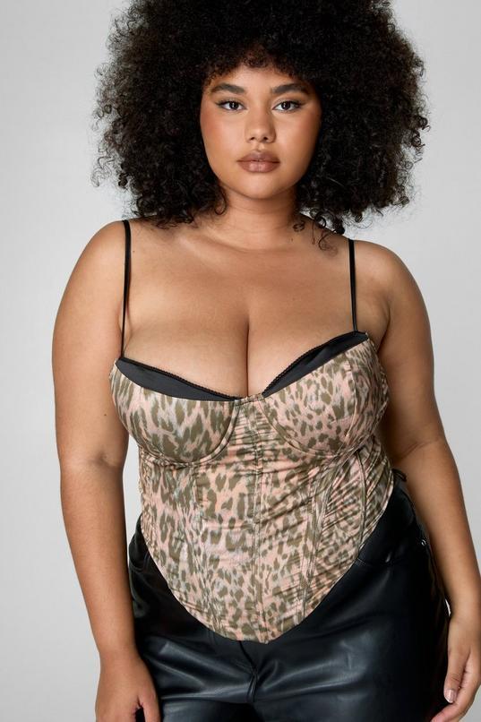 Plus Leopard Print Satin Cupped Corset Top Product Image