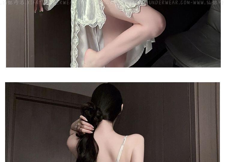 Floral Slit Lace Trim Slip Dress / Robe Product Image