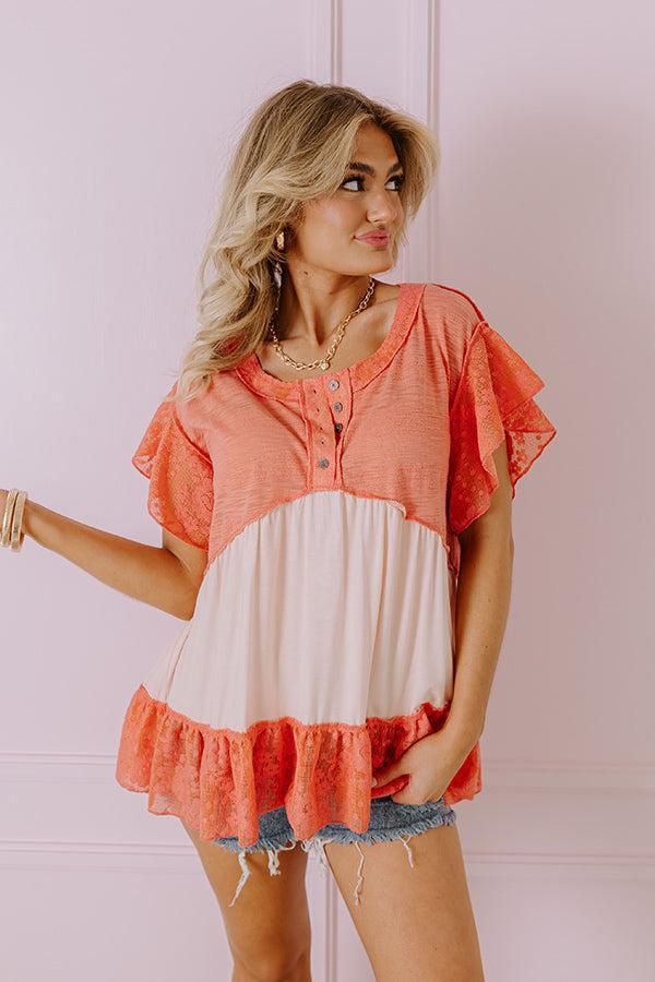 Springtime Sips Lace Babydoll Top In Coral Product Image