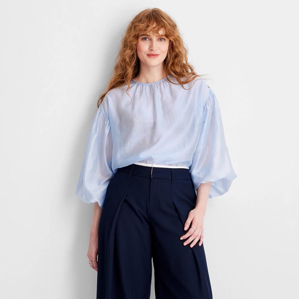 Womens Sheer Balloon Long Sleeve Blouse - Future Collective Light Blue XS product image