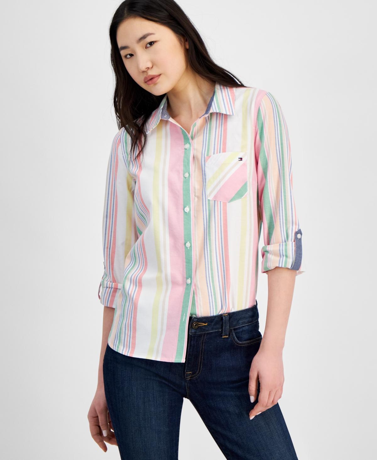 Tommy Hilfiger Womens Cotton Striped Roll-Tab Shirt Product Image