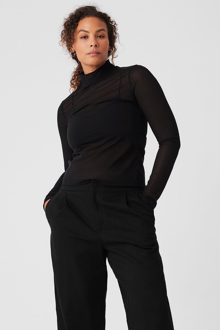 Mesh Sheer Illusion Mock Neck Long Sleeve - Black Product Image