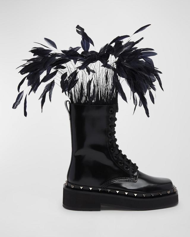 Womens Rockstud M-Way Combat Boots In Calfskin With Feathers 50mm Product Image