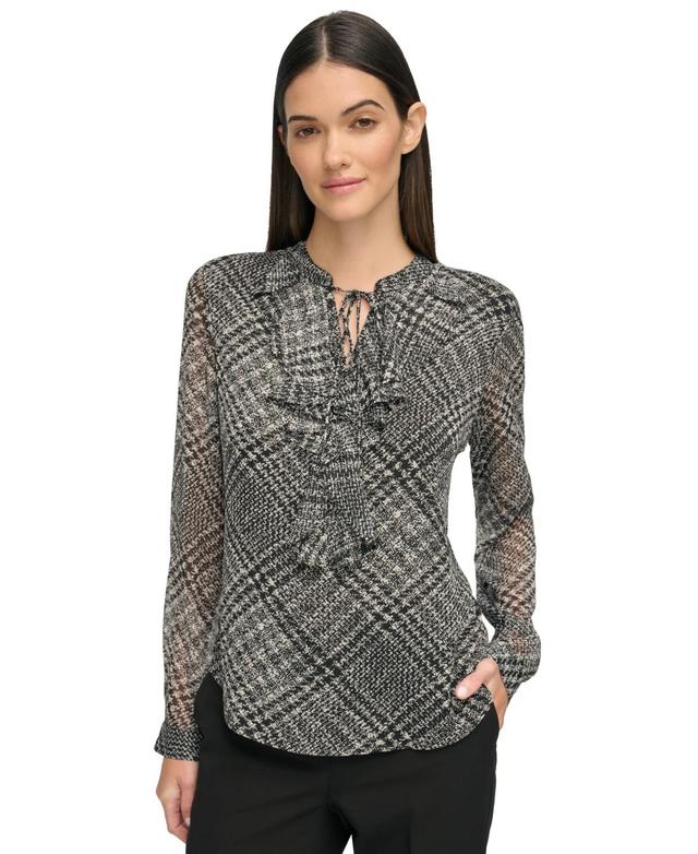 Tommy Hilfiger Womens Textured-Plaid Tie-Neck Top - Black Product Image