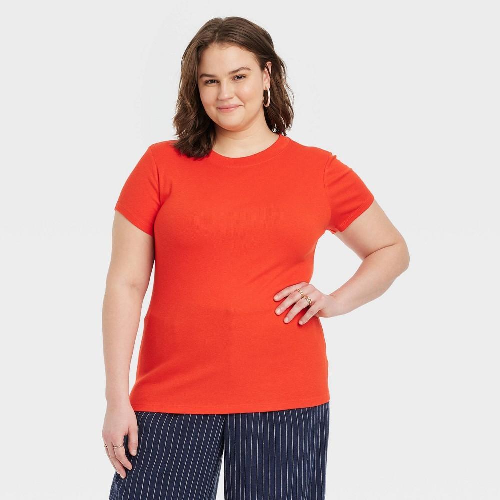 Womens Slim Fit Short Sleeve Ribbed T-Shirt - A New Day Red 3X Product Image