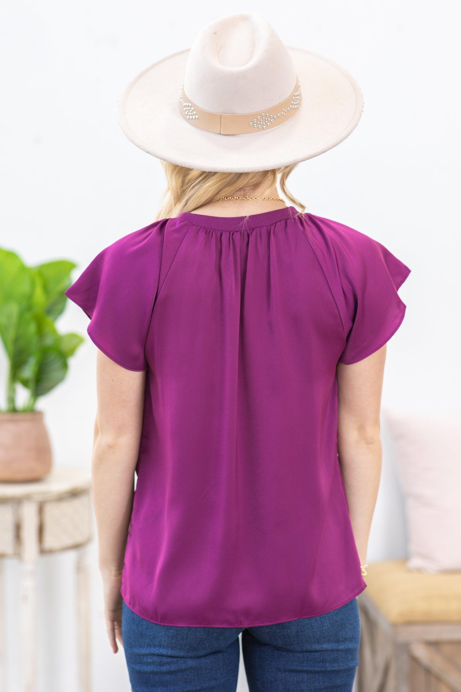 Berry Pleated Flutter Sleeve Satin Woven Top Product Image