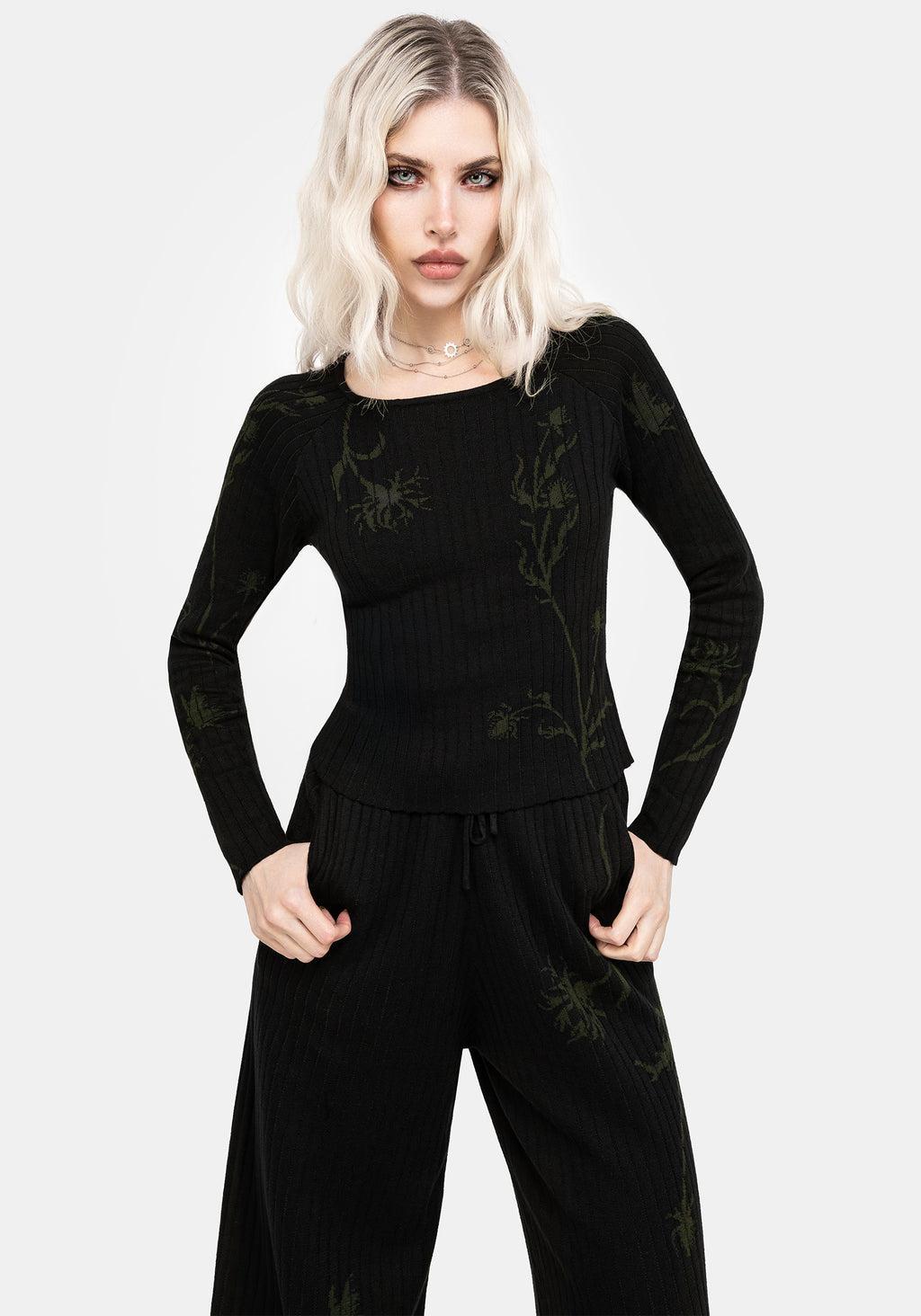 Diastella Floral Jacquard Rib Knit Raglan Sleeve Top - Black Product Image